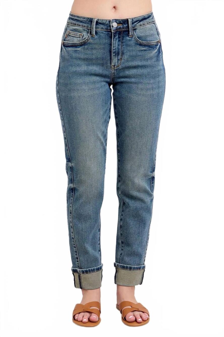 NEW JUDY BLUE vintage wash panel and double roll cuff boyfriend jeans in blue